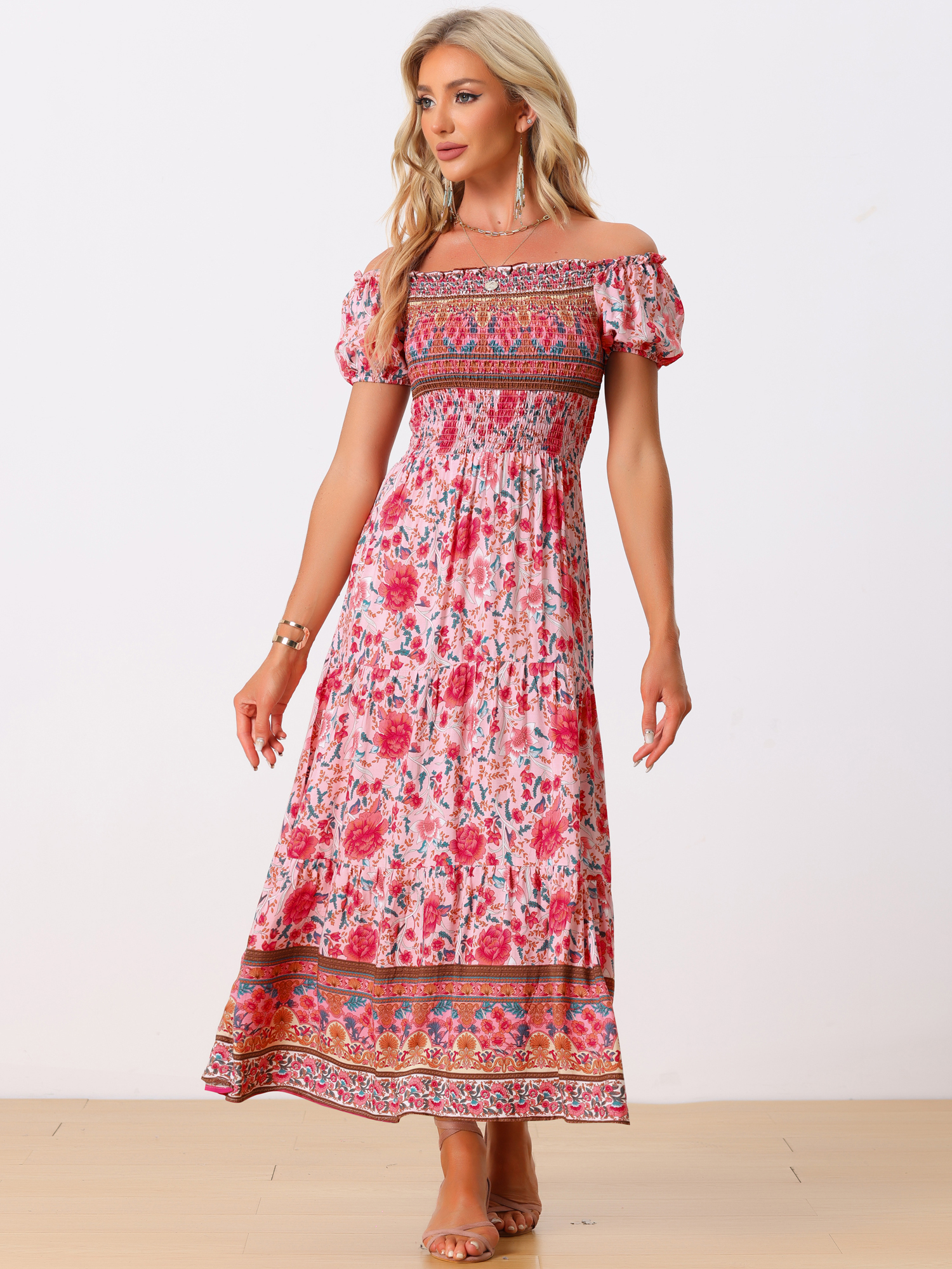 DARING DIVA Boho Floral Dress Midi Smocked Dress L Pink