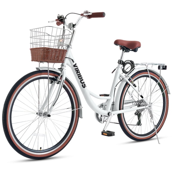 Viribus Vélo pour Femmes 26 Pouces Vélo de Plage et de Ville Cruiser avec 7 Vitesses Panier Blanc