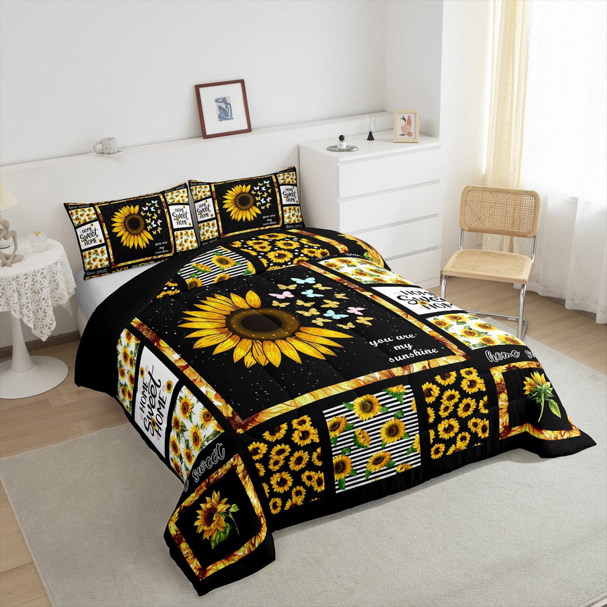 Manfei Rustic Sunflower Bedding Sets Twin with Comforter, Black Yellow Comforter Sets Twin Size, Floral Patchwork Reversible Down Comforter, Microfiber Room Decor, 2 Pieces