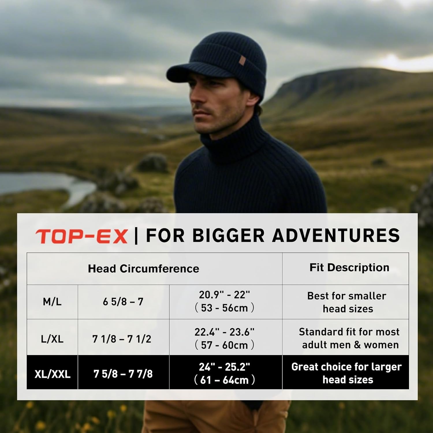 TOP-EX DryKnit™ Waterproof Visor Beanie Hat - Men Women Winter Merino Wool Fleece Lined Skull Cap, Cold Weather Gray, XL XXL XXXL Extra Large Big Head Oversize
