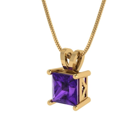 1.5 ct Brilliant Princess Cut Solitaire Natural Amethyst 14k Yellow Solid Gold Everyday Affordable Designer Necklace Pendant with 16" Chain