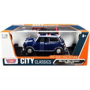 1961-1967 Morris Mini Cooper RHD Dark Blue with British Flag on the Top and Roof Rack 1/18 Diecast Model Car by Motormax