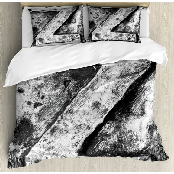 Letter Z King Size Duvet Cover Set, Capital Z Letter Name Identity Initials VIP Rusty Tone Effects Aged Look Print, Decorative 3 Piece Bedding Set with 2 Pillow Shams, Black Grey, by Ambesonne