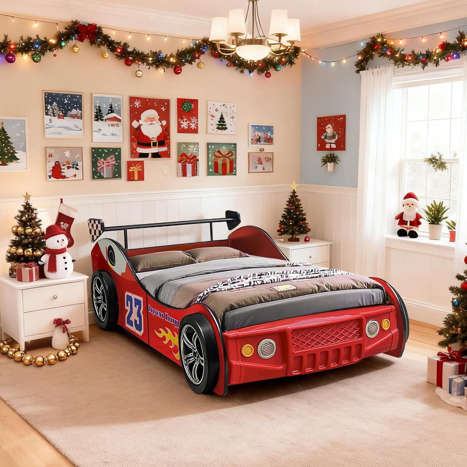 WAWOKV Twin Size Car Bed for Kids, Race Car-Shaped Wooden Platform Bed Frame with Headboard Wheels and Support Slats for Boys Toddlers Child's Bedroom (Red)