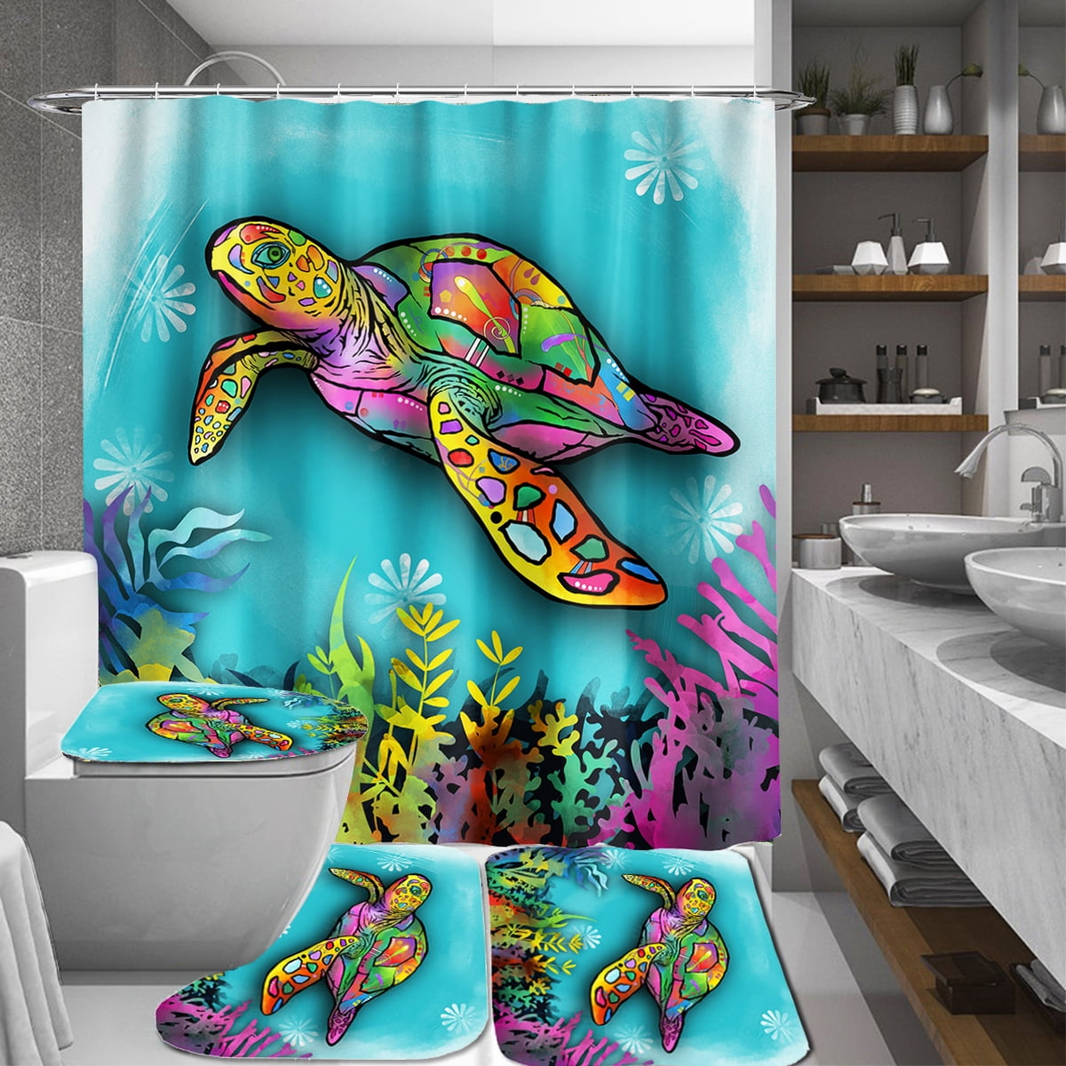 4 Pieces Shower Curtains Set Waterproof Colorful Turtle Printing