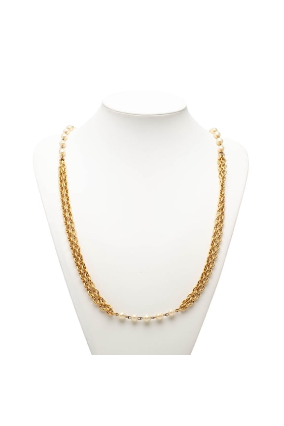 Pre-Owned Chanel Chain Long Necklace, Double Strand, Gold Plated, Faux Pearl, Women's CHANEL