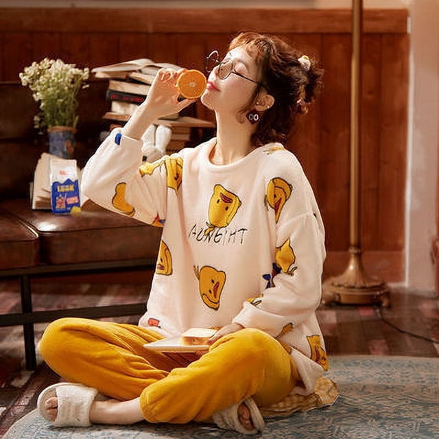 Pijama de otoño e invierno para mujer, de manga larga, de polar coral, estilo dulce de franela, Winnie the Poole, traje de casa
