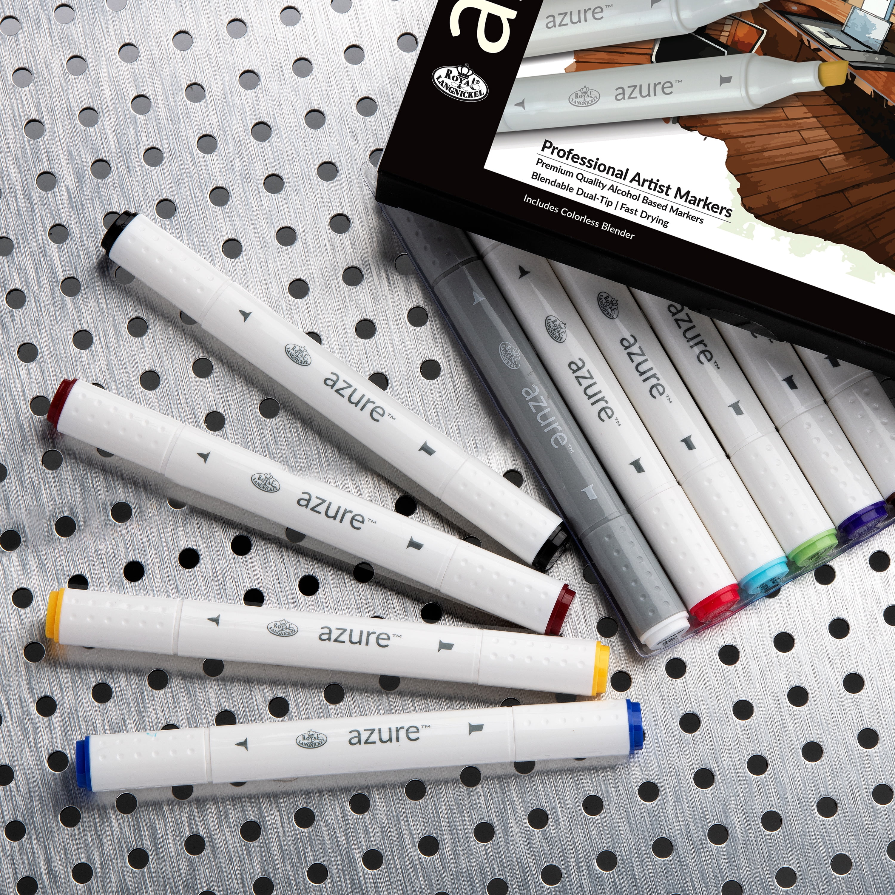  Royal & Langnickel Azure, 7pc Dual-Tip, Alcohol Based Marker  Set, Includes - 6 Markers & 1 Blender, Pastel Colors