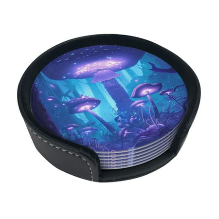 

Colorful mushroom art coasters PU leather bar beer drink coasters 6 sets with stand coasters Suitable for wooden tables