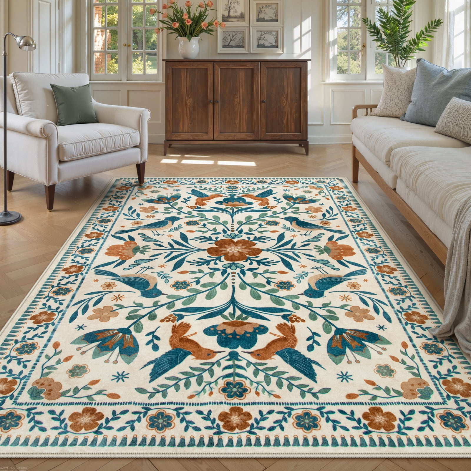 Lahome Decor 5'x7' Boho Bird Area Rugs,Floral Rug for Living Room Machine Washable,Soft Indoor Carpet,Non-Slip Low Pile for Bedroom Dining Room Playroom Office,Beige