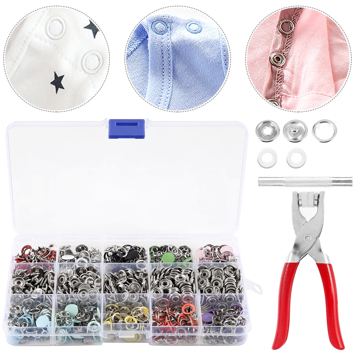 Protoiya 200 Sets 10 Colors Snap Fasteners Kit Metal Hollow and Solid