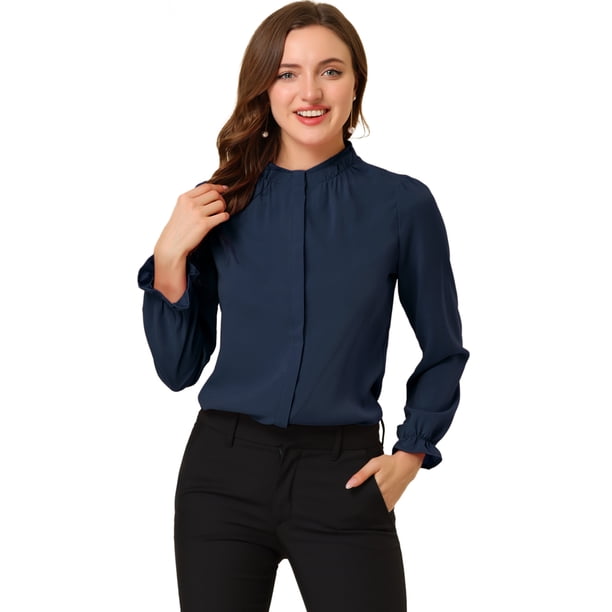 INSPIRE CHIC Blusa De Chifón Con Cuello Levantado Y Volantes De Manga Larga Con Cierre De Botones Para Oficina Y Trabajo Para Mujer Azul marino S