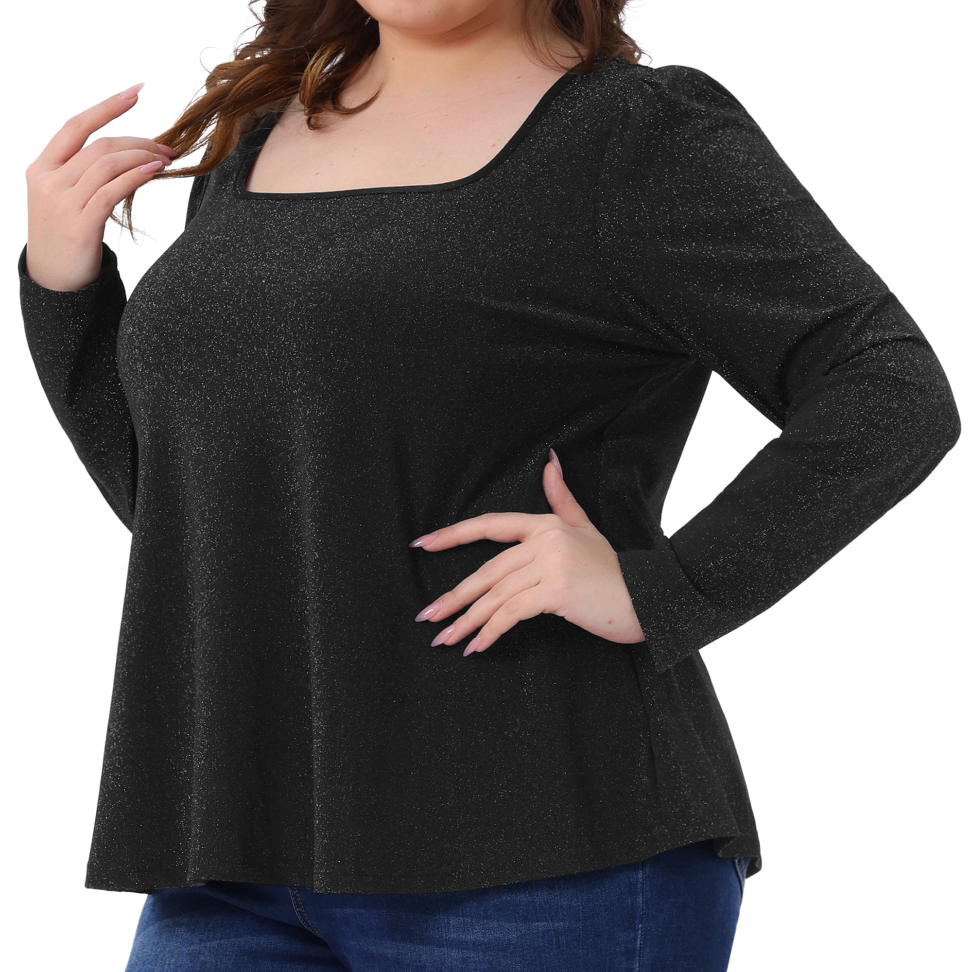 DARING DIVA Women's Plus Sparkly Glitter Square Neck Long Sleeve Top 4X Black