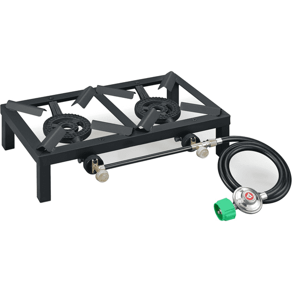 Asotewt Dual Propane Gas Burner, Black High-Pressure Outdoor Camping Stove with Leak-Resistant Hose, for Camping & Outdoor Cooking