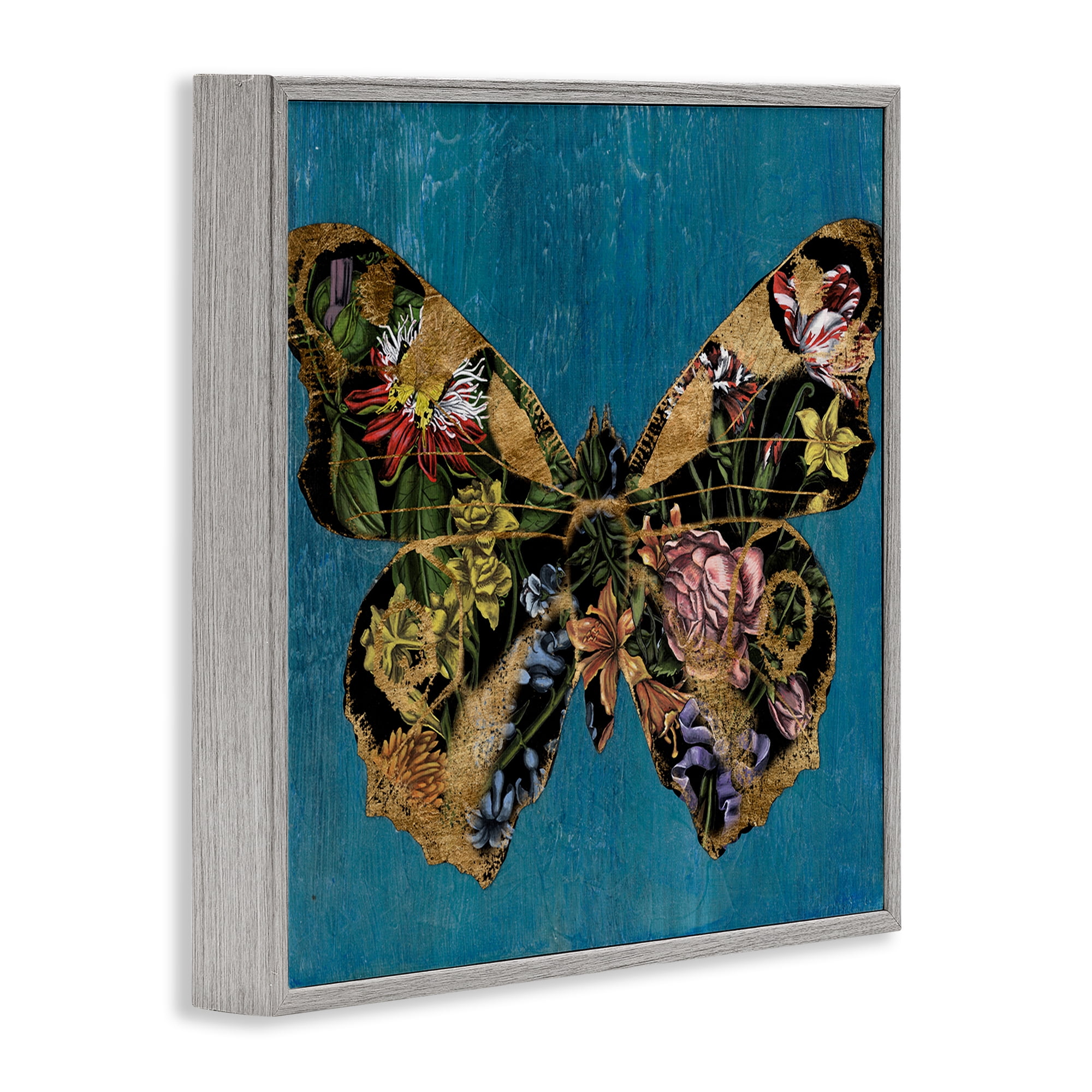 Stupell Industries Vintage Floral Butterfly Animals & Insects Painting Gray Framed Art Print Wall Art, 24 x 24