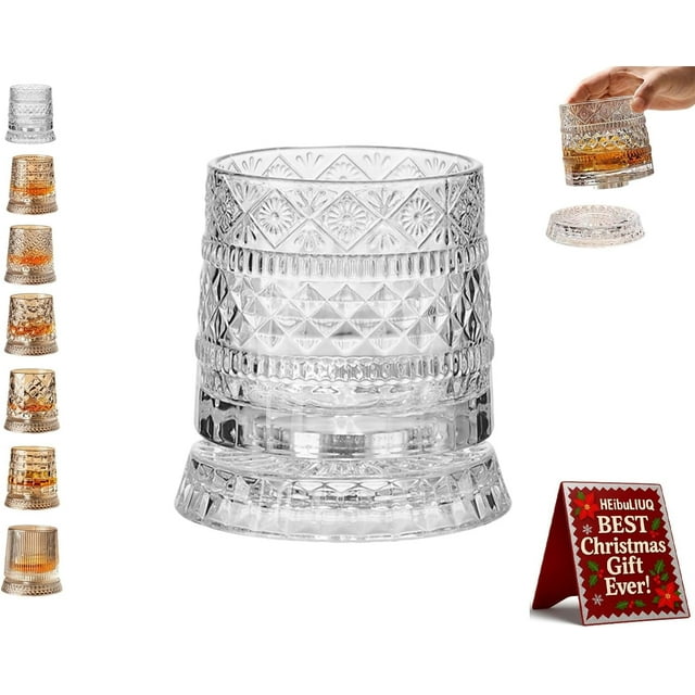 360 Degree Rotating Whiskey Glass, Spinning Cocktail Glass with Stable Decoupled Base, Old Fashioned Crystal Cut Drinking Glassware, Stress Relief Function, Unique Whiskey Gift for Husband Father