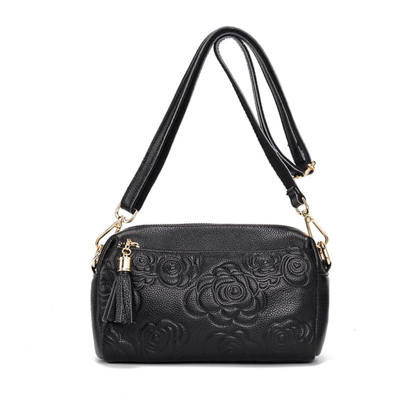 Genuine cowhide three-dimensional embossed rose women's crossbody and shoulder small square bag