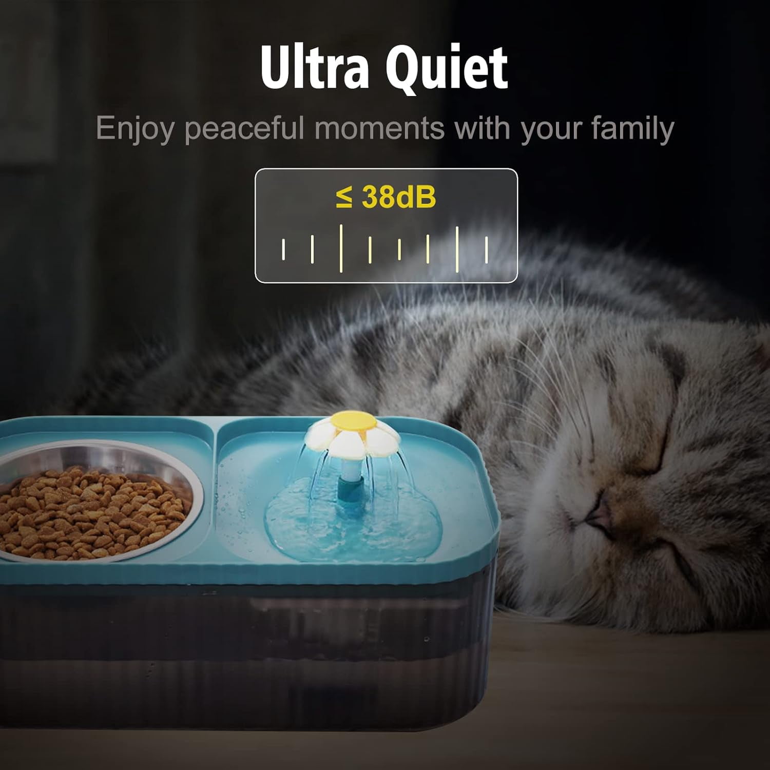 Asivwid Cat Water Fountain and Food Bowl, 3L/101oz Ultra Quiet Pet Water Dispenser with Smart Pump and 3 Replacement Filters, Automatic Flower Fountain & Stainless Steel Bowl for Dog Cat