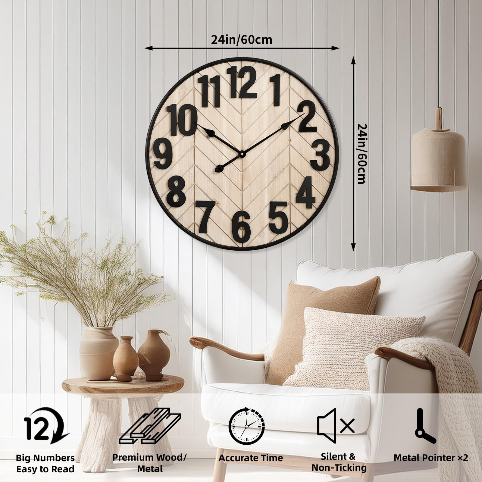 MODE HOME Rustic Farmhouse Wooden Wall Clock with Black Metal Frame, 24 inch Battery Operated Silent Clock, Brown