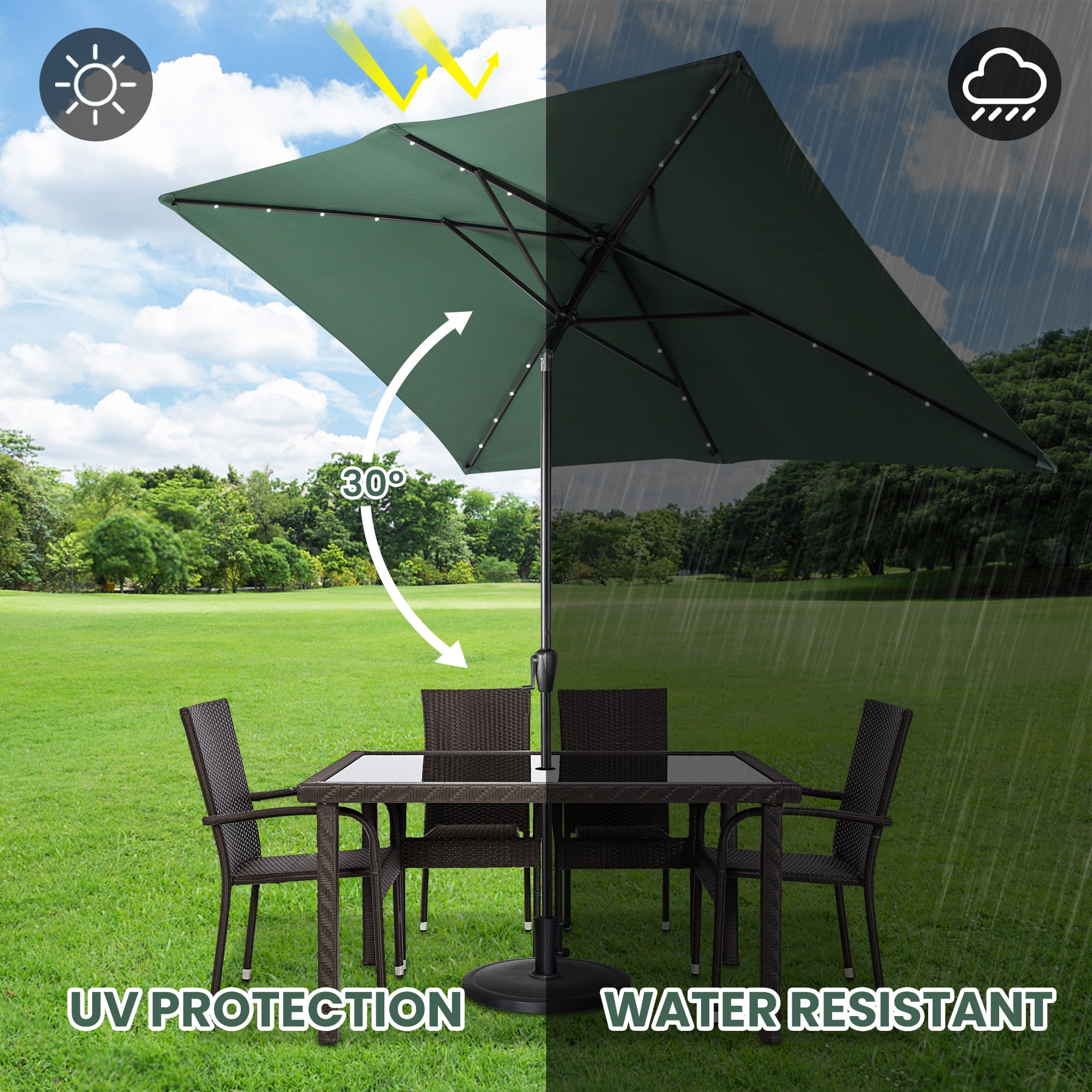 Sun-Ray 6.6x10 FT Solar LED Rectangular Patio Umbrella with Push-Button Tilt and Hand Crank Canopy Lift, Table Umbrella with Solution Dyed Navy Fabric for Porch, Deck, Garden, and Swimming Pool, Green