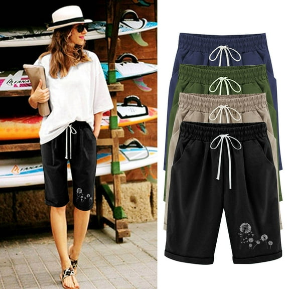 POROPL Women Shorts Under $10 Linen Fashion Elastic Waist Shorts Print Short