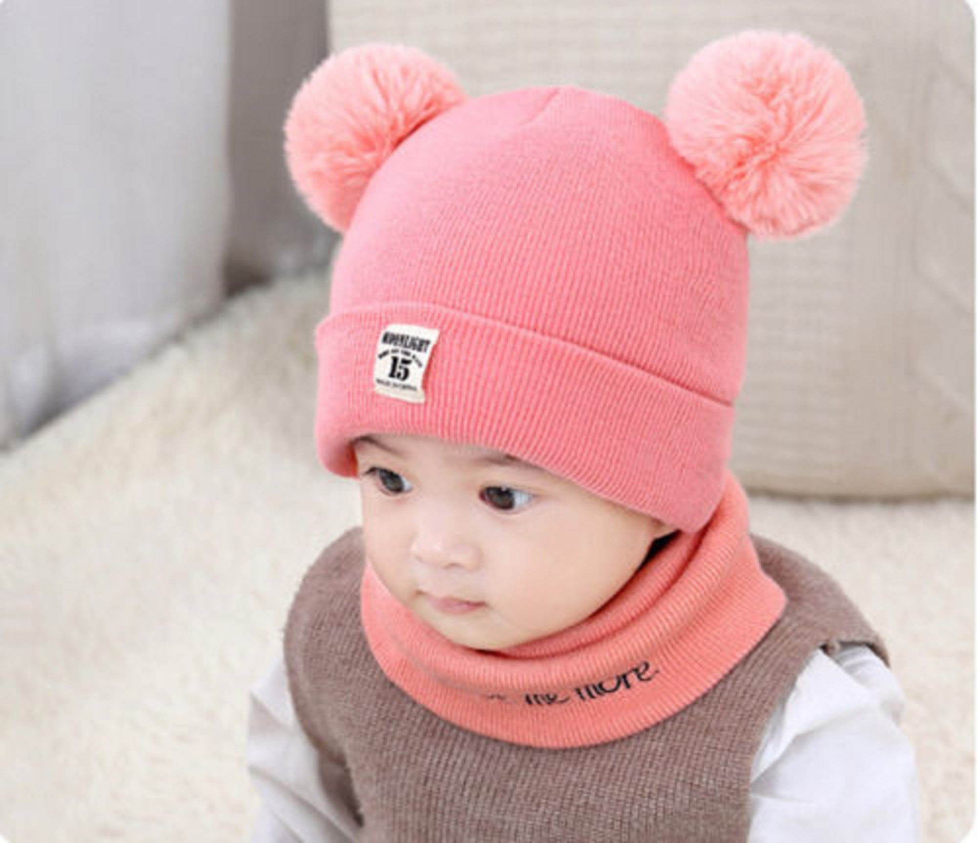 Toddler Kids Baby Boy Girl Fur Pom Hat Winter Warm Knit Bobbles Beanie Cap Scarf
