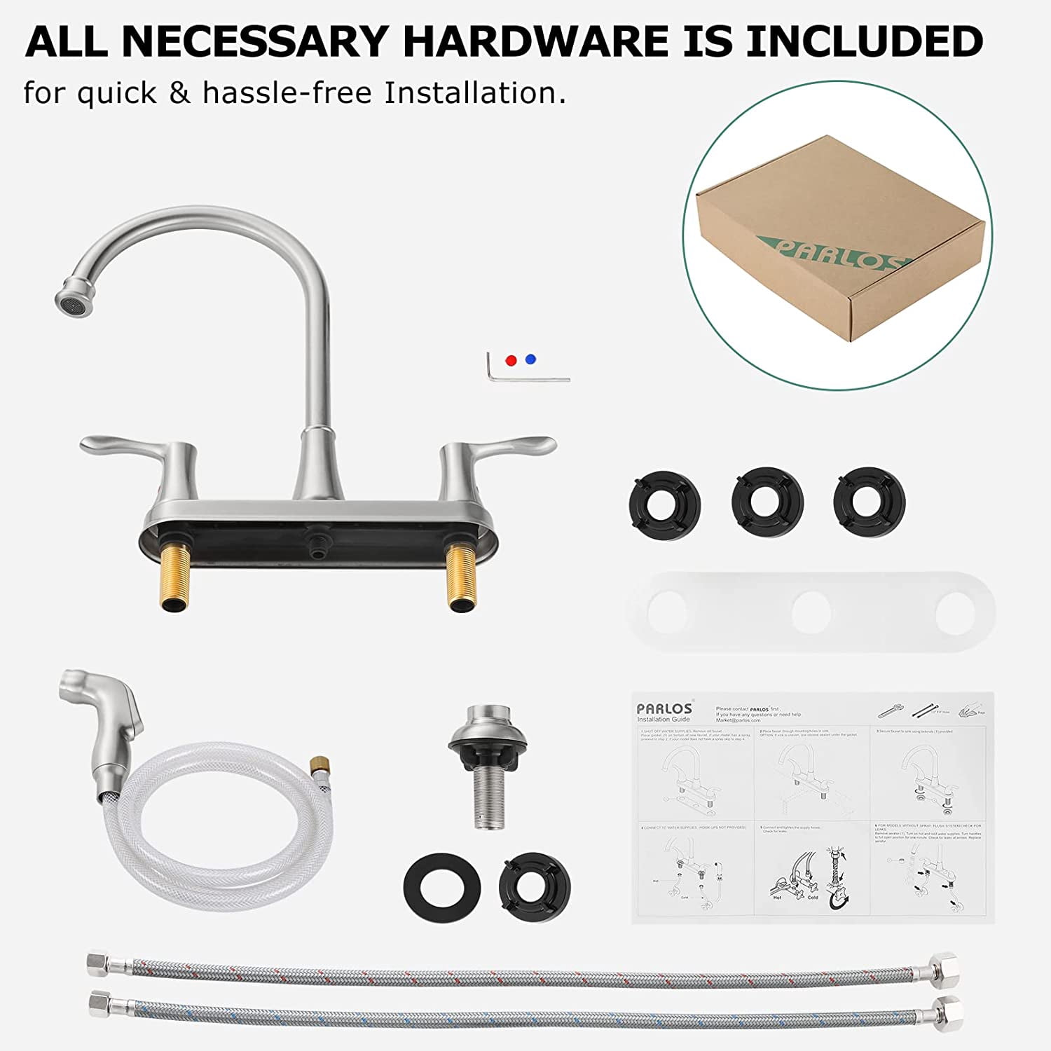 PARLOS 8-Inch High Arch Two-Handle Kitchen Sink Faucet with Side Sprayer and Supply Lines, Brushed Nickel