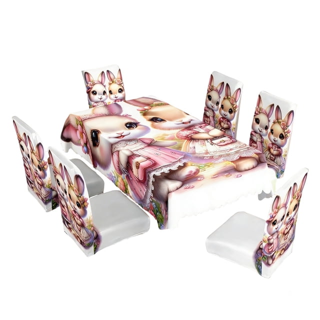 Easter Bunny Chair Covers Set of 6, Stretchable Spandex Dining Chair Slipcovers with Elastic Hem for Holiday Parties, Home Decor, Easter Spring Table Setting, Washable Po