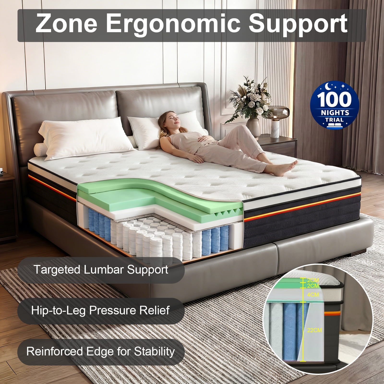 Twin Size 12 Inch Hybrid Mattresses, Medium Firm, CertiPUR-US Certified Foam, Zoned Support, Pressure Relief, Edge Reinforcement