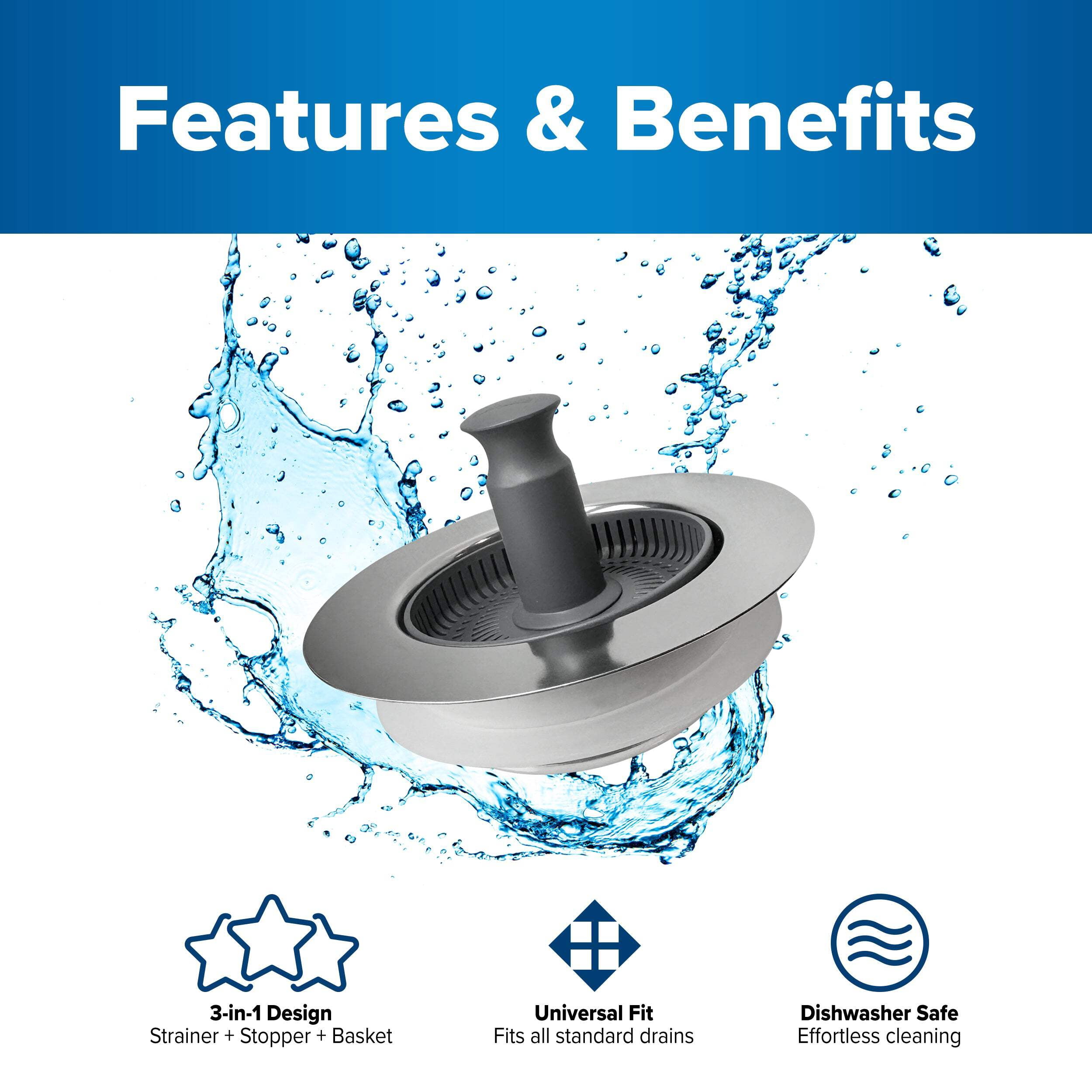 Drain Hero™ 3-in-1 Kitchen Sink Strainer, Stopper  Basket – Stainless Steel, Anti-Clog, Dishwasher Safe