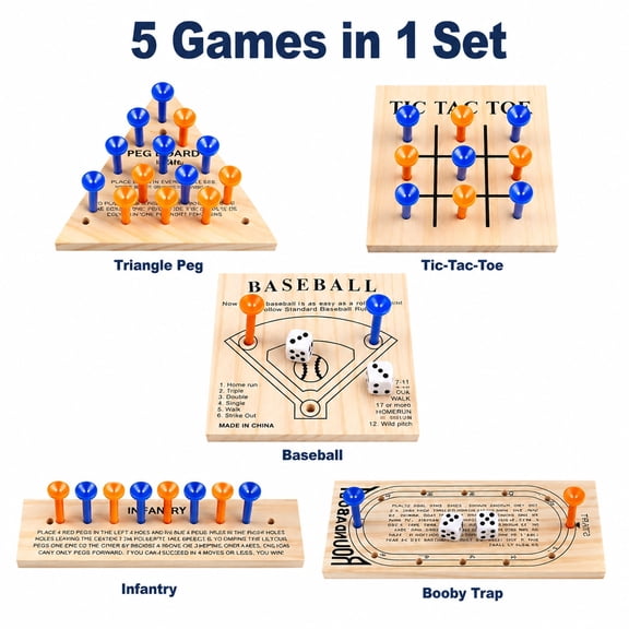 Wooden Peg Games Assortment Kit，5 Board Games for Outdoor Gatherings, Family Parties and Get-Togethers with Friends