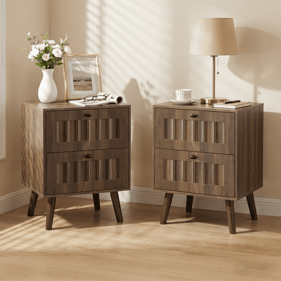 Mid Century Modern Nightstand with 2 Drawers, Vertical Groove Cabinet and Solid Wood Legs, Wooden Bedroom Side Table, Walnut Finish