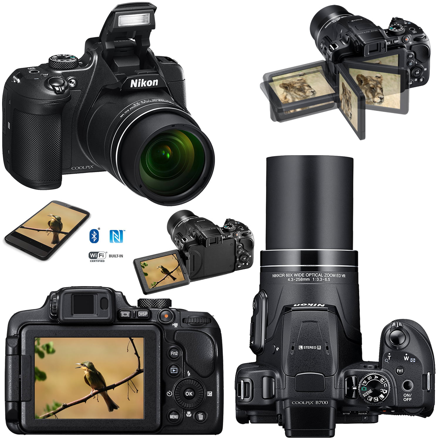 Nikon COOLPIX B700 20MP CMOS Wi-Fi, NFC Digital Camera with 60x Zoom Lens &  UHD 4K Video (Black) + 7pc 16GB Accessory Kit w/ HeroFiber Ultra Gentle 