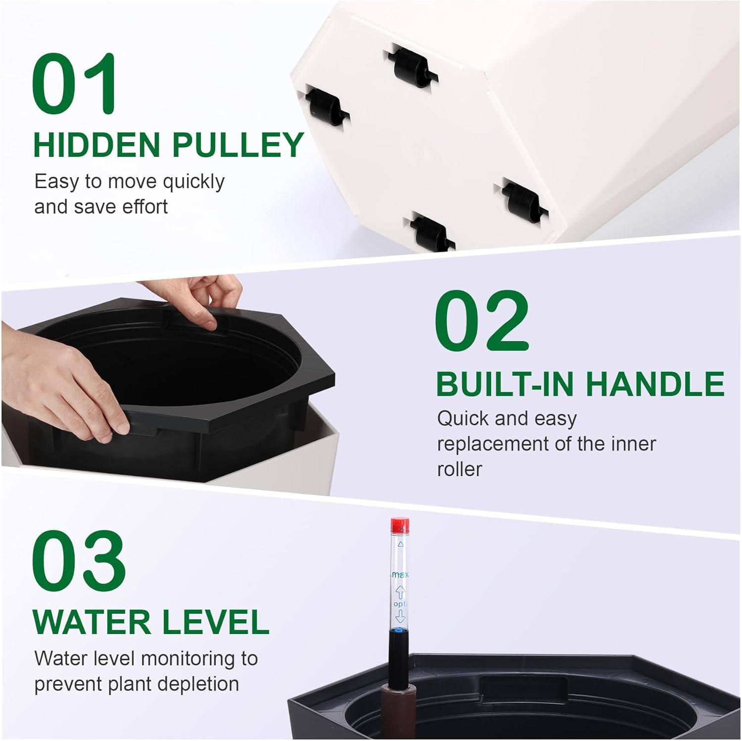 QinaQin 2PC 22.4Inch Self Watering Planters,Tall Diamond Plastic Flower Pots with Inner Bucket,Trays & Water Level Monitor,Indoor Outdoor Planters for Indoor Outdoor,White