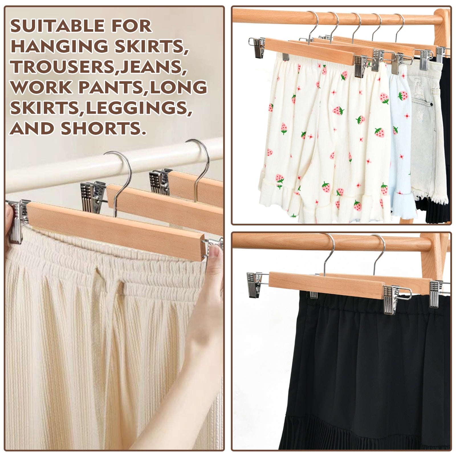 GIRACOA 20 Pack Wood Pants Hangers with Non-Slip Cushion Clips, 13-Inch Wooden Skirt Clamps for Trousers, Jeans, Slacks, & Bottoms – for Closet Organization, Space Saving, 360° Swivel Hook
