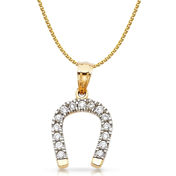 14K Yellow Gold Cubic Zirconia CZ Lucky Horseshoe Charm Pendant with 1.5mm Flat Open Wheat Chain Necklace
