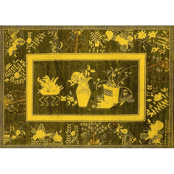 Ahgly Company Machine Washable Indoor Rectangle Oriental Yellow Asian Inspired Area Rugs, 5' x 8'
