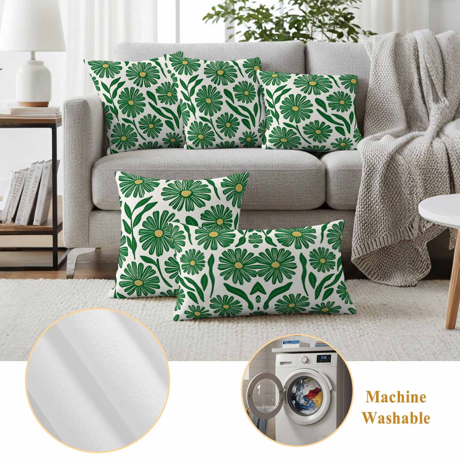 Spring Floral Pillow Covers 2 Pack Watercolo RVintage Green Flower Grenn Leaf Plan Pillowcase Waterproof Outdoor Throw Pillow Cover for Patio Garden Square Cushion 20”x20”