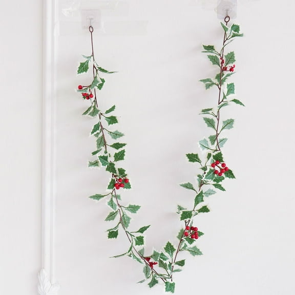 Christmas Garland For Mantel,Christmas Garland with Green Leaves Wired Artificial Holly Berry Garland Xmas Decorations for Indoor Outdoor Fireplace Mantle Stairs Table Winter New Year Holiday Decor