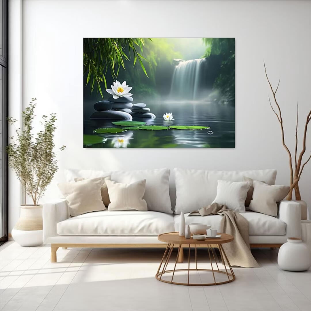 Mudket Framed Canvas Wall Art, Zen Waterfall Lotus Stacked Stones Wall Decor, Serene Spa Nature Waterproof Art Prints for Bathroom Bedroom Living Room Home Wall Decor - 30"L x 20"W