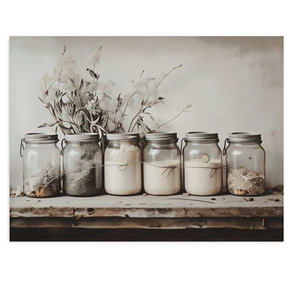 Potopok Vintage Kitchen Mason Jar Spice Canvas Wall Art, Rustic Farmhouse Still Life Decor for Dining Room, 16x12 Inch