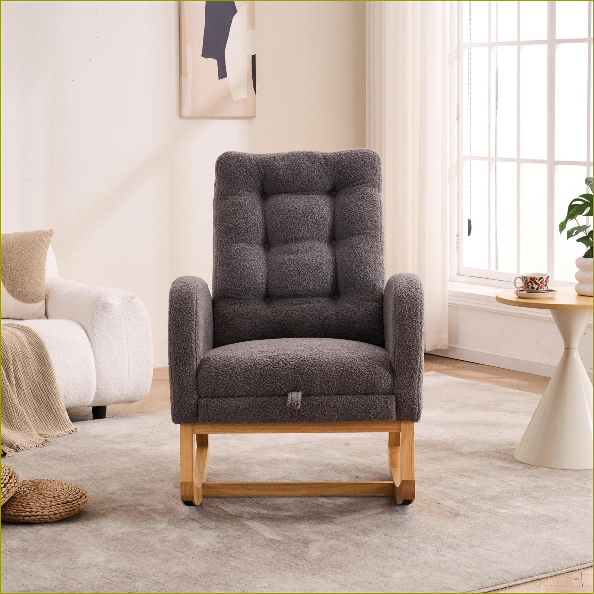 Rocking Chair with Footrest & Side Storage Pocket, Dark Gray High Back Upholstered, Rubber Wood Legs | Casual | Rubberwood