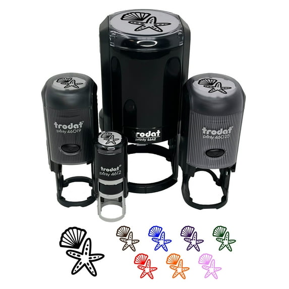 Starfish and Shell Beach Tropical Doodle Self-Inking Rubber Stamp Ink Stamper - Sky Blue Ink - Small 3/4 Inch