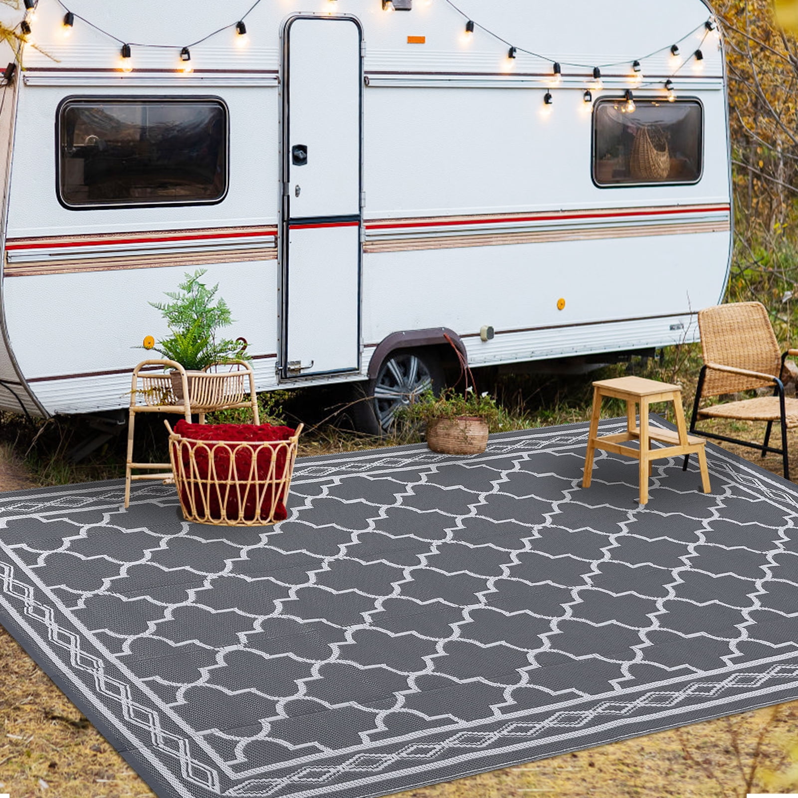 Twister.CK Outdoor Rug 10x14ft Waterproof for Patios, Plastic Straw Rug Camping Carpet Mats for Picnic, Backyard, Deck, Balcony, Porch, Beach, Gray & White