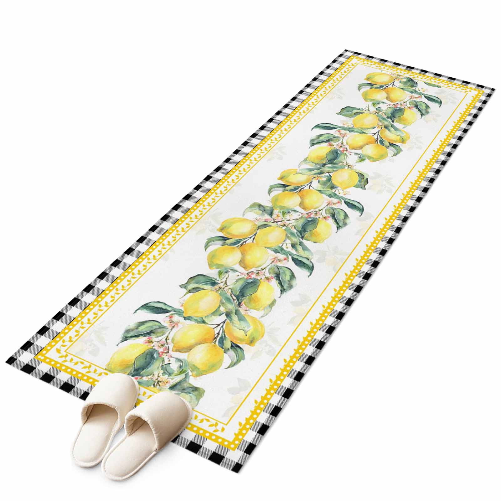 Yellow Lemon Kitchen Runner Rug 2x6 Washable Runners for Hallway Non Slip Summer Botanical Black White Plaid Pastoral Large Area Rug Indoor Floor Carpet for Bathroom Laundry Entryway Bedroom