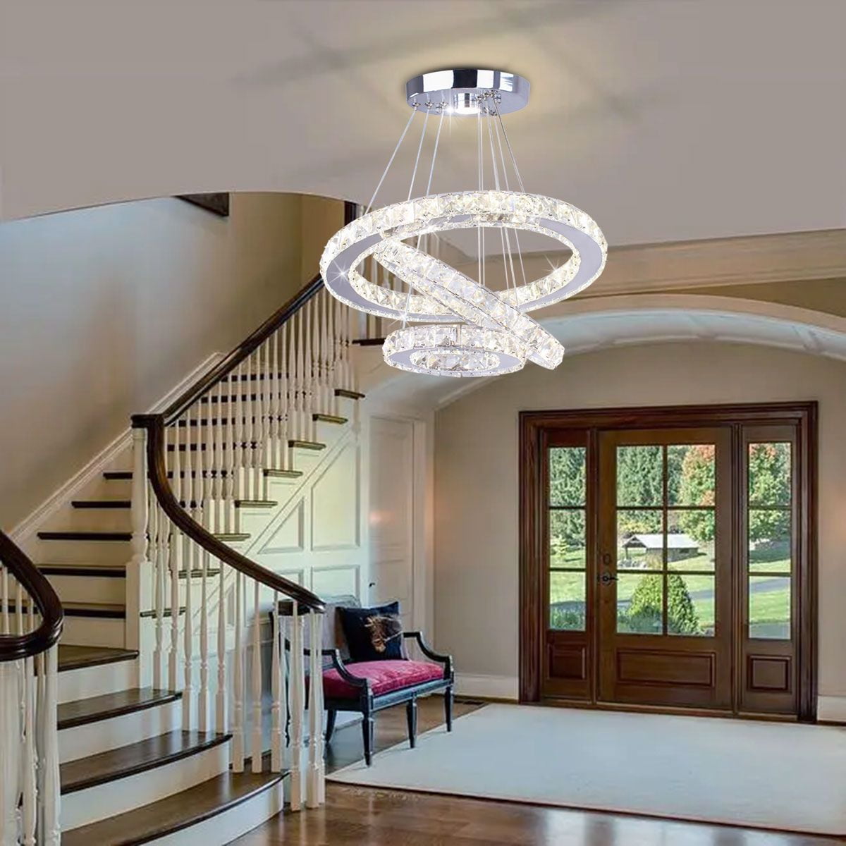 FRIXCHUR Dimmable Crystal Chandeliers LED Ceiling Light Fixture 3 Rings Adjustable Stainless Steel Pendant Light Chandelier(Multi Color)