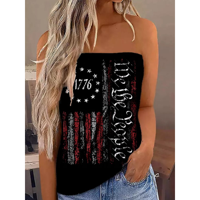 VISgogo Tops de tubo de verano para mujer, sin tirantes, color sólido/rayas/estampado de bandera, camisetas sin mangas elásticas con bandeau VISgogo moda