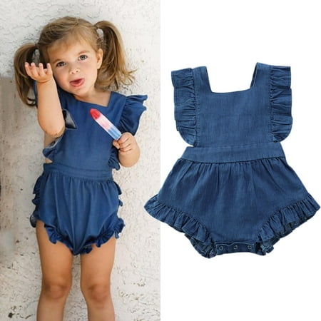

Puloru Baby Summer Romper Square Neck Short Jumpsuit with Ruffle Decoration