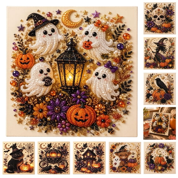 Halloween Ghost Pearl Art DIY Kit, Fall Handmade Pearl Painting Set for Adults, Spooky Cute Canvas Craft Home Decor