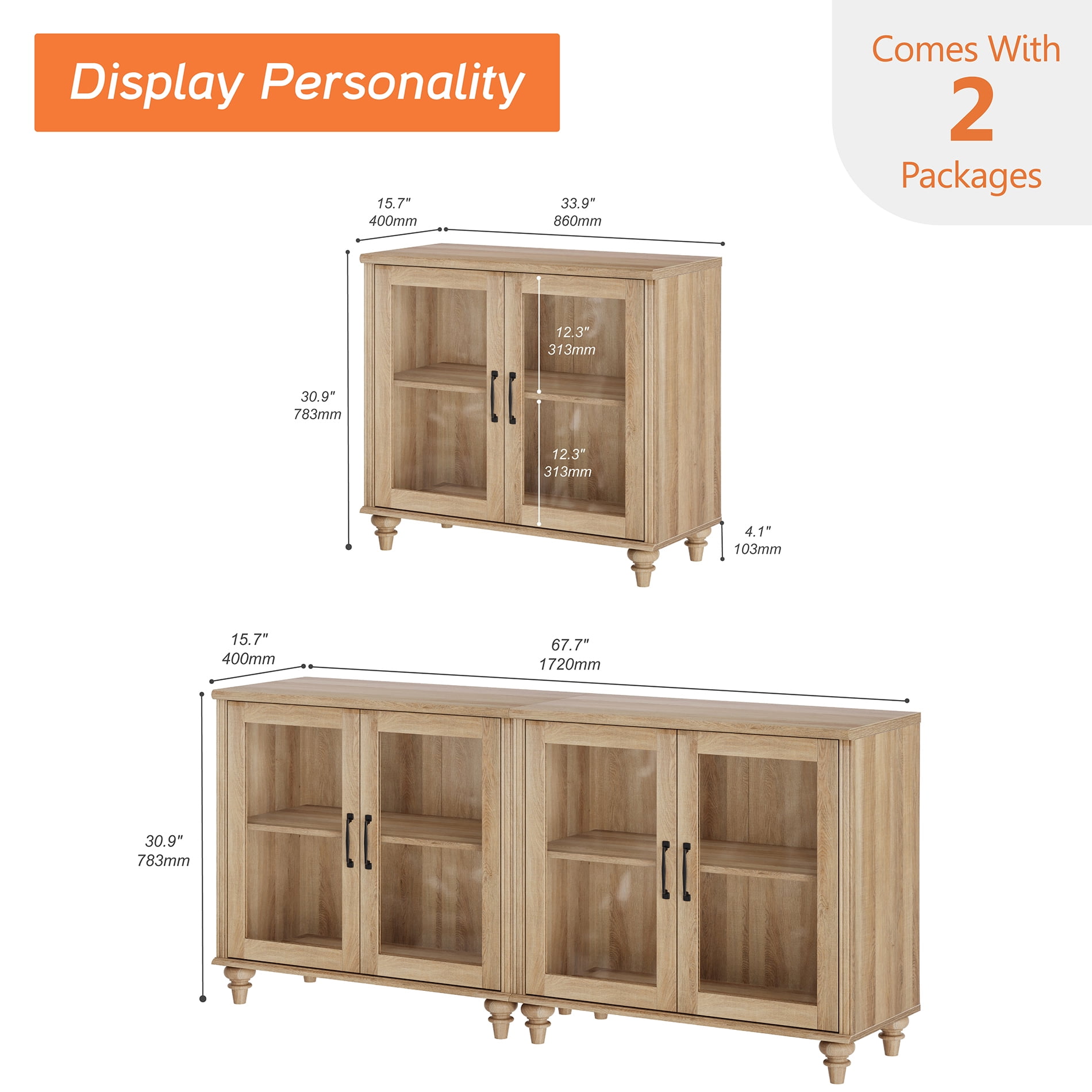Oak Buffet Cabinet with 4 Glass Doors, Kitchen Storage Cabinets with Adjustable Shelf, 68 inch